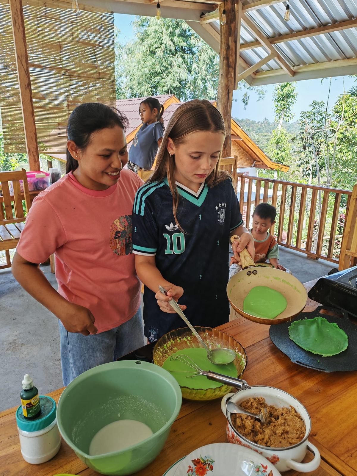 Making pandan pancakes together
